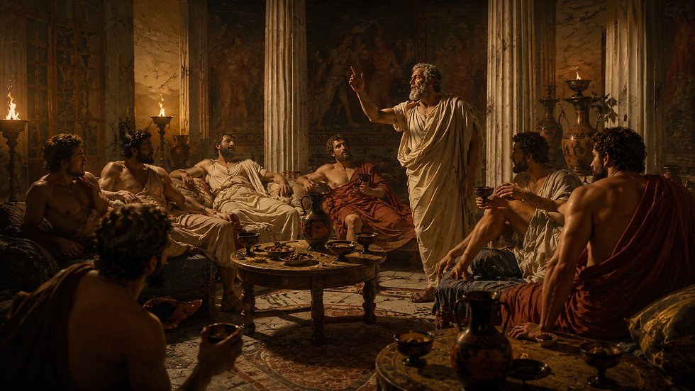Seven men in togas converse around a table with cups and jugs. Dimly lit, with detailed frescoes and columns in the background. Ancient vibe.