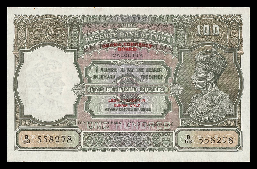 Vintage Reserve Bank of India 100 rupees note with ornate border, king portrait, Calcutta, and red Burma only text.