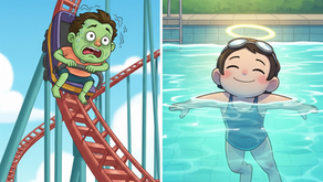 Man terrified on a red roller coaster against a blue sky; child blissful, floating in a pool with goggles and halo, surrounded by greenery.