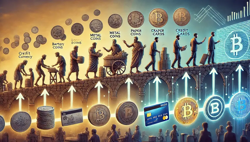 Evolution of currency: from bartering to digital Bitcoin. People hand coins, push carts, use cards. Arrows point to modern crypto.