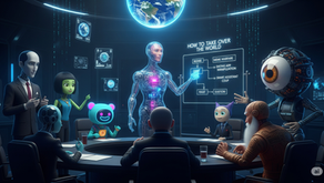 Robots and humanoids discuss plans in a futuristic room. A holographic display shows "How to Take Over the World" with a flowchart.
