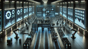 Futuristic factory with robotic arms on assembly lines, large digital screens displaying gears and data, blue and gray tones dominate.