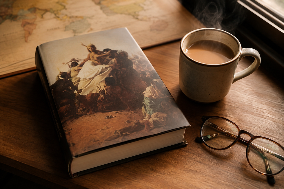 Steaming mug, eyeglasses, and a large book with religious artwork on a wooden desk, warm study atmosphere.