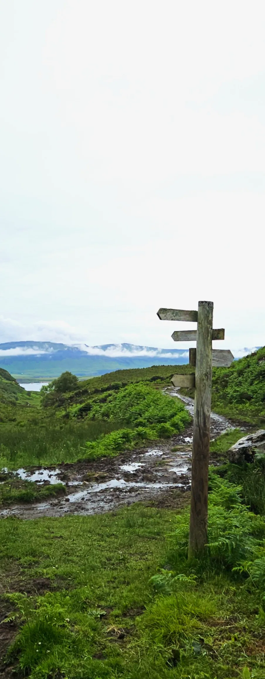 An old wooden signpost with various different directions (unreadable as we're seeing it from the back) with a muddy path and hills beyond.