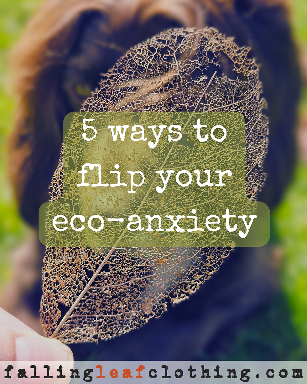 A skeleton leaf with the words "5 ways to flip your eco-anxiety" written on top