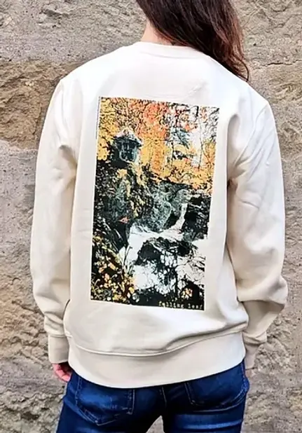 Back view of a woman wearing a sweatshirt with a print from The Hermitage on it -autumn leaves surround a folly above a crashing waterfall
