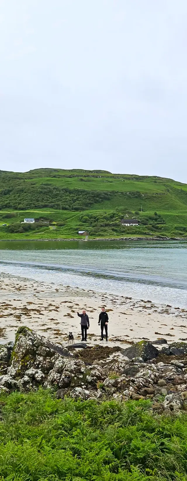 A view down onto two men and a dog on a sandy beach with seaweed-covered rocks in the foreground, blue water with small waves and a green hill with white houses beyond.