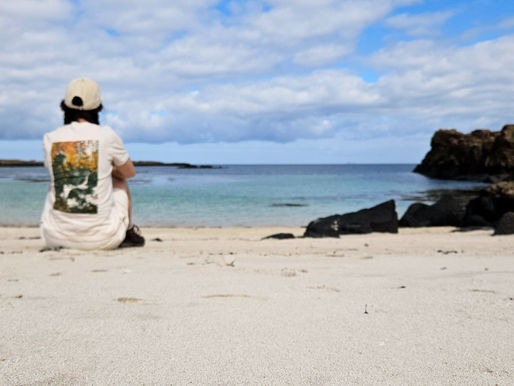 A woman (FLC founder Lindsay) sitting on the beach with her back to the camera wearing the Falling Leaf Hermitage t-shirt, cream cap and cream shorts, looking out to sea.