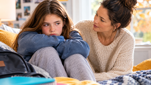 A concerned mother with sulking tween.