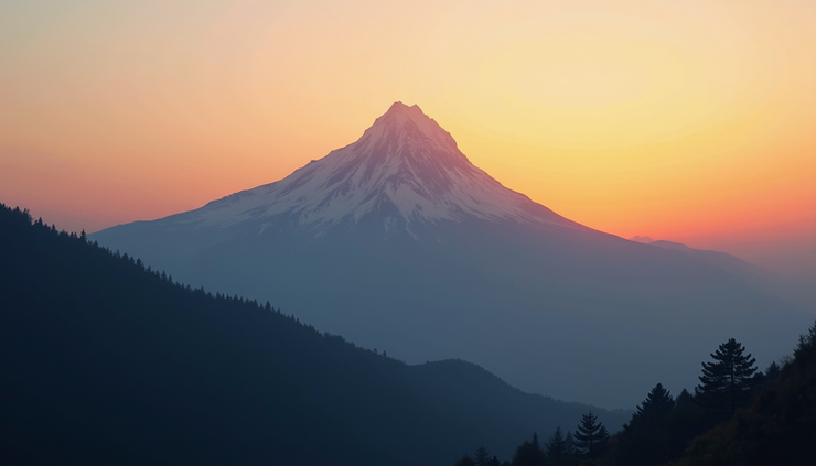 Eye-level view of a mountain peak bathed in early morning light