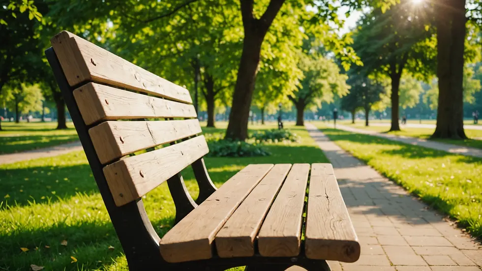 Close-up view of a sunny park bench surrounded by greenery