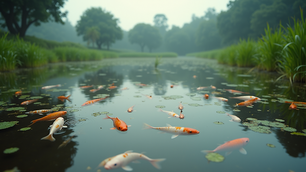 Wide angle view of a serene fish pond in Assam