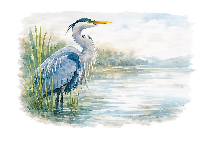 Watercolor illustration of a blue heron standing in shallow water among tall marsh grasses.