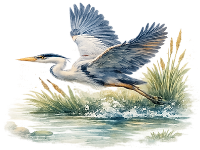 Watercolor illustration of a blue heron taking flight from shallow water among tall marsh grasses.