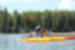 Four adults smile and raise their paddles during a Prismatic Tours Yellowstone kayaking tour, enjoying a fun day exploring the park by sea kayak.