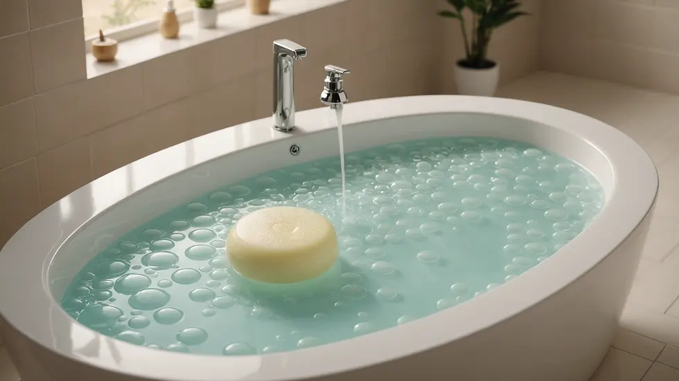 High angle view of a serene bathroom filled with soft bubbles and milk