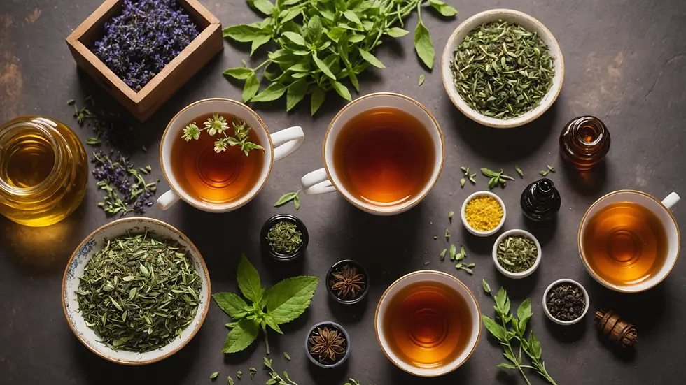 High angle view of herbal tea and essential oils