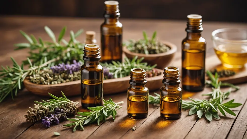 Eye-level view of essential oils and dried herbs on a wooden table