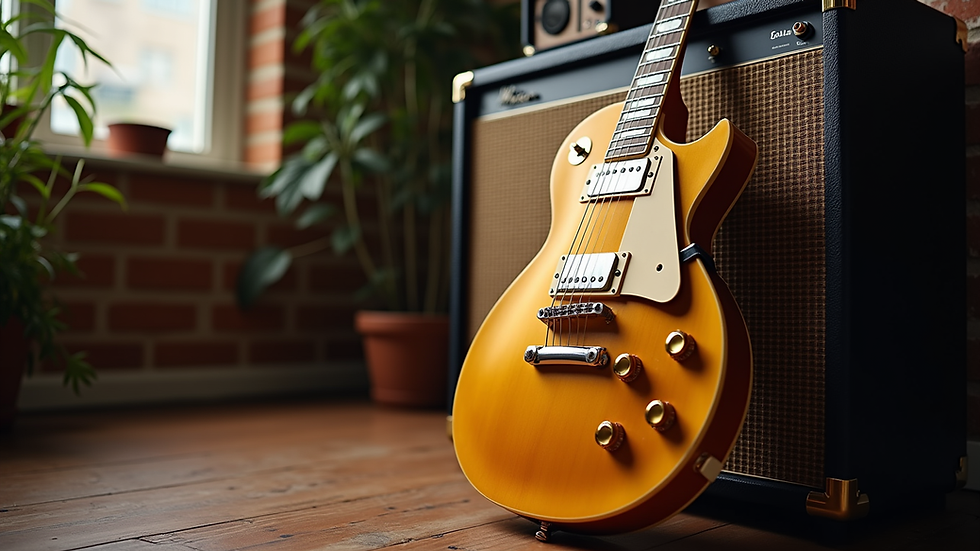Eye-level view of a vintage electric guitar leaning against an amplifier