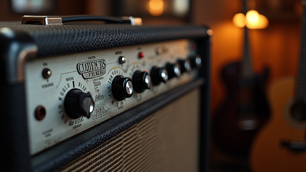 Close-up view of a guitar amplifier with metal band stickers