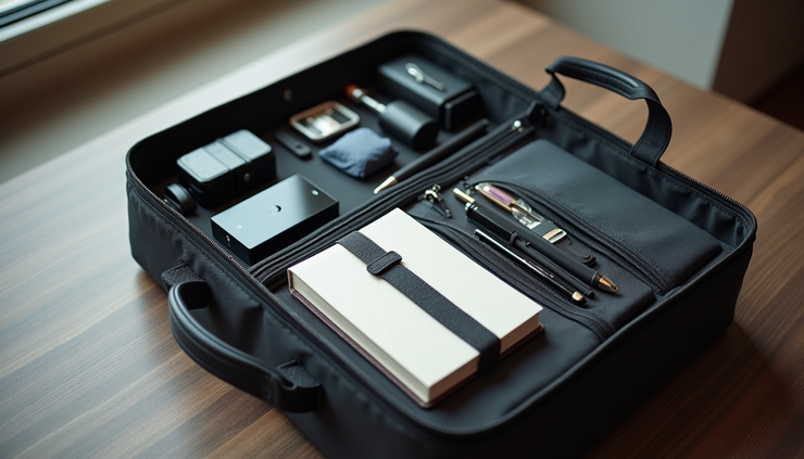 Eye-level view of a neatly packed travel bag with stationery items and travel accessories arranged inside