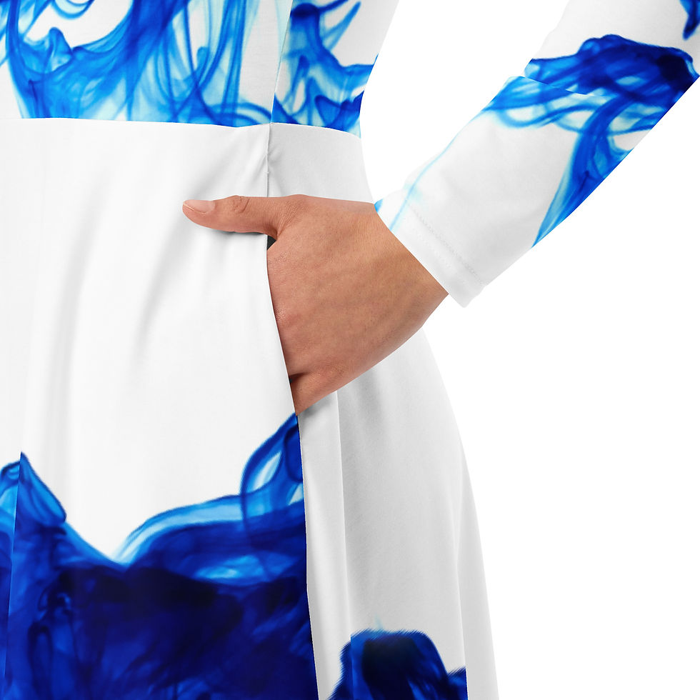 Thumbnail: TRBA Blue Ink print long sleeve midi dress  
