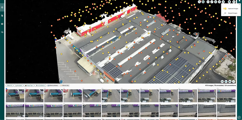 Aerial view of a large building with solar panels, surrounded by red and orange dots. Black background. Text: "Shopping Gallery". Images below.