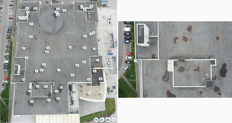 Aerial view of a flat rooftop with numbered labels and orange dashed patches marking dark roof spots, beside parked cars.