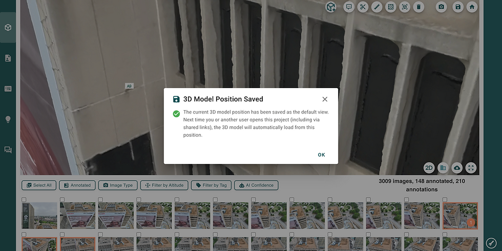 3D model interface showing a building facade with a notification reading "3D Model Position Saved." Several image thumbnails are below.