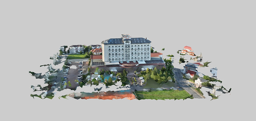 Aerial view of a grand hotel with a large facade, surrounded by greenery and several smaller buildings. Overcast sky and parking area visible.