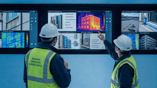 Two hard-hatted building consultants in neon vests review wall, roof, and thermal inspection dashboards.