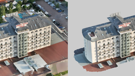 Aerial view of Grand Hotel Italia shows a large beige building with a grey roof, red sign, and multiple balconies. Background: parking lot and greenery.