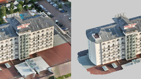Aerial view of Grand Hotel Italia shows a large beige building with a grey roof, red sign, and multiple balconies. Background: parking lot and greenery.
