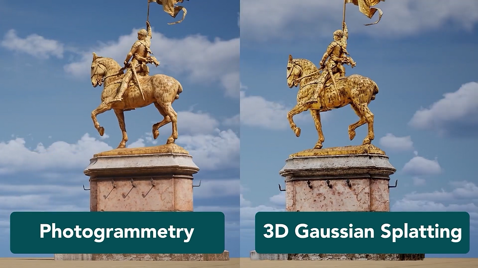 Golden equestrian statue comparison: left is "Photogrammetry," right is "3D Gaussian Splatting." Blue sky and clouds in background.