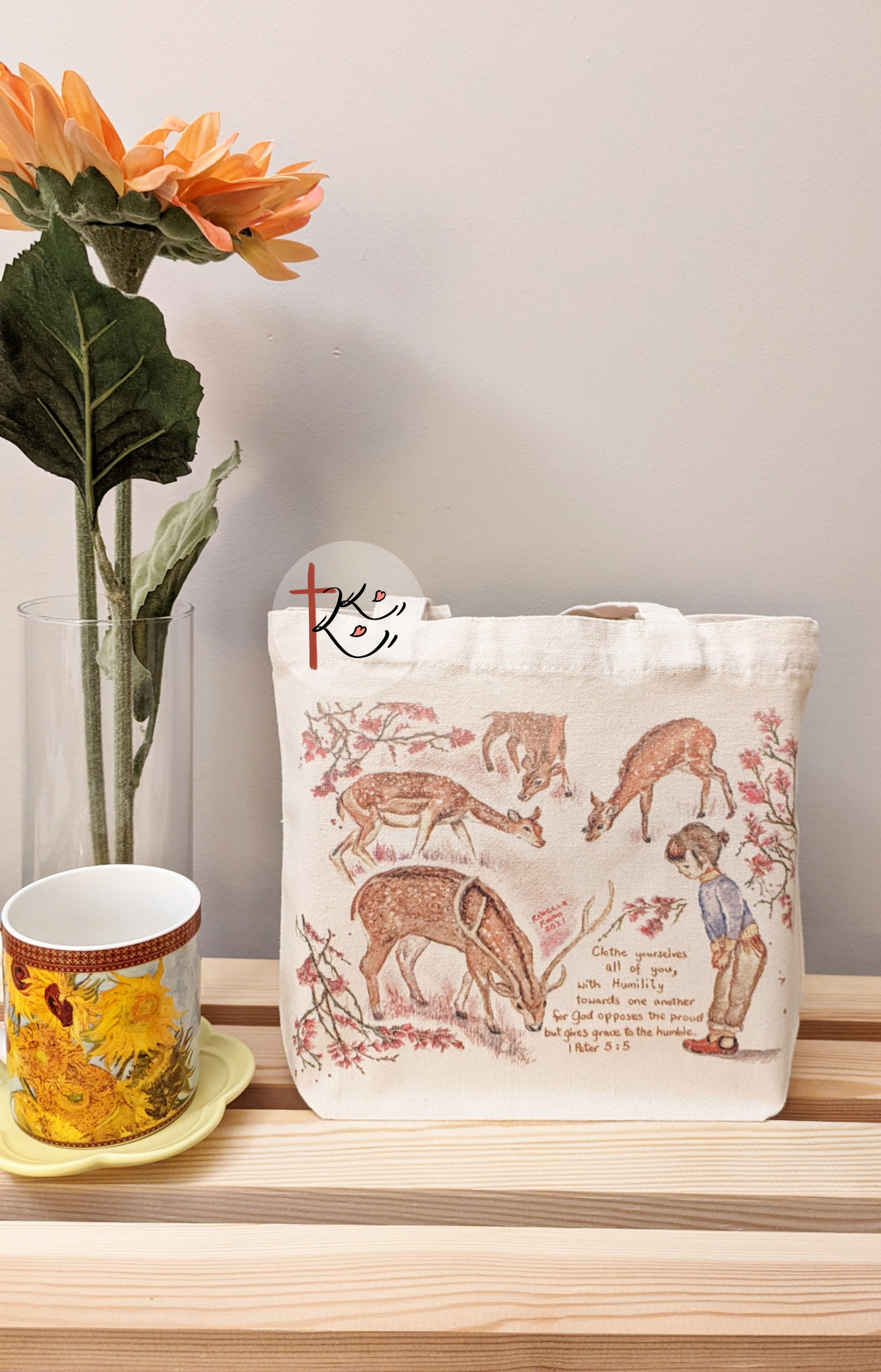 鞠躬的鹿/ 聖經金句帆布袋Bowing Deers/ Small Canvas Tote Bag with Bible Verse