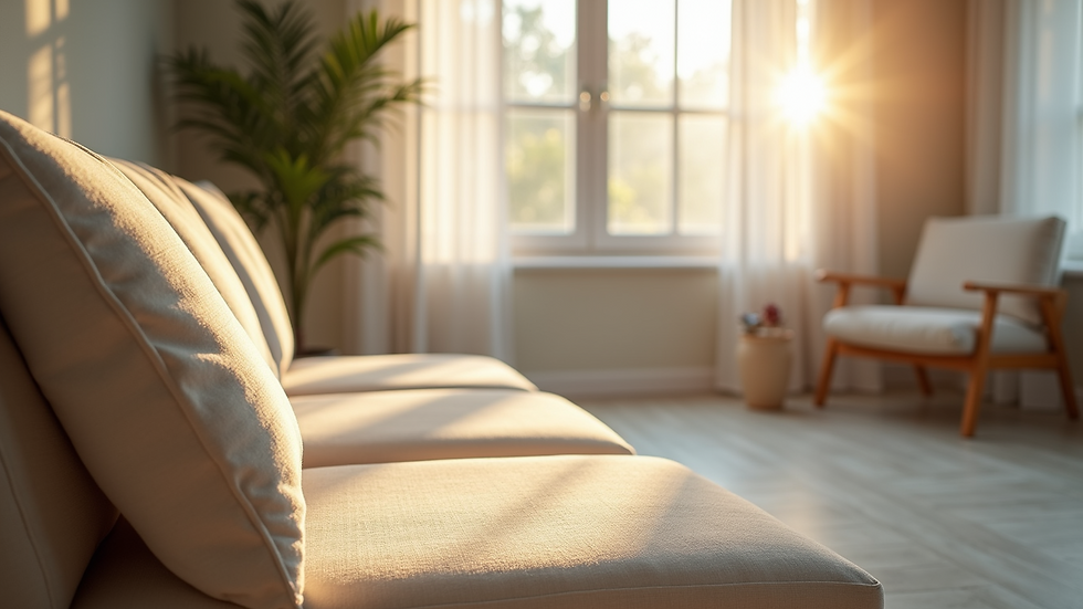 Close-up view of a serene therapy room with comfortable seating