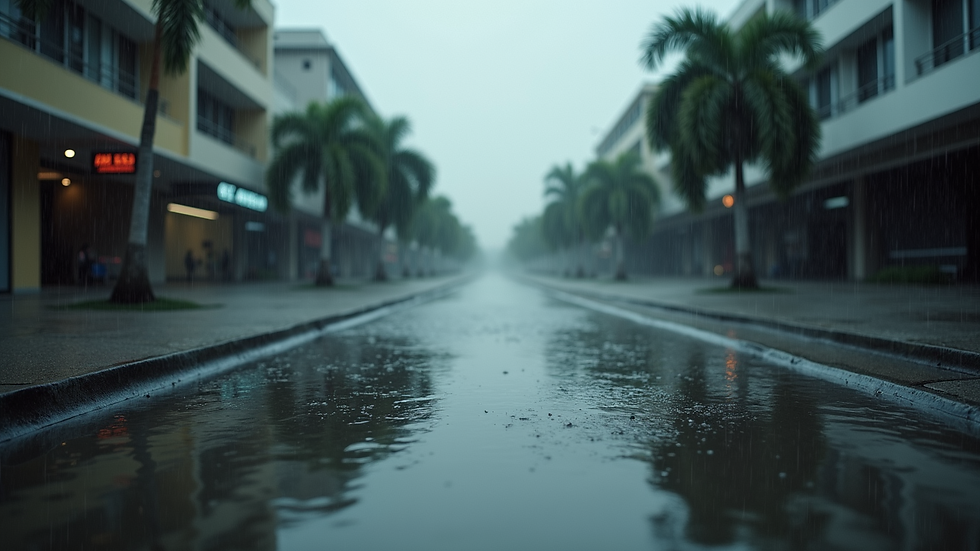 High angle view of a flooded urban street during a storm