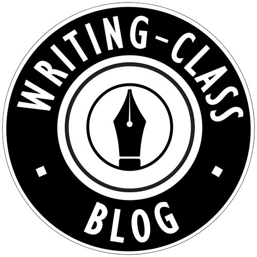 The Writing-Class Blog logo. A series of concentric, alternating black and white circles of various thicknesses and centred with a a black illustrated fountain pen nib