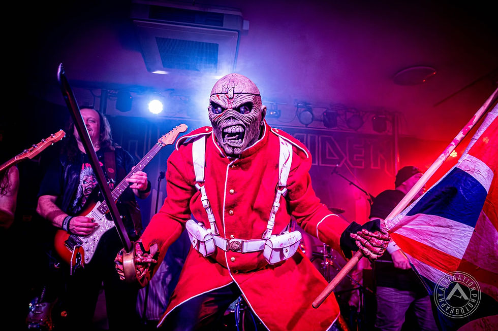 Hi-On Maiden Trooper-style Eddie character with Union flag live in Abingdon