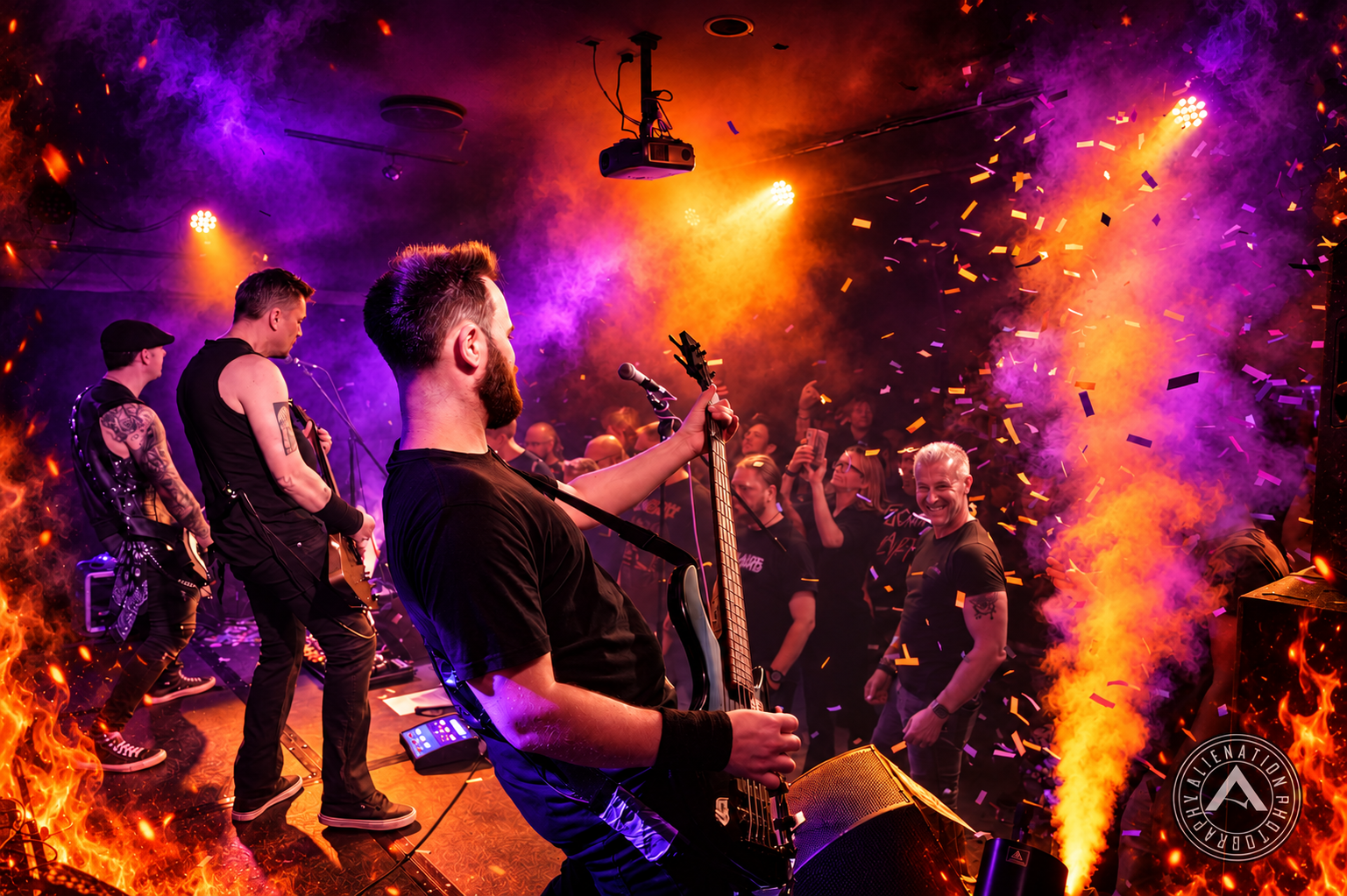 Metallica Reloaded performing at The Northcourt LIVE, with a seasonal orange flames and purple smoke treatment. Original photograph by Alienation Photography.