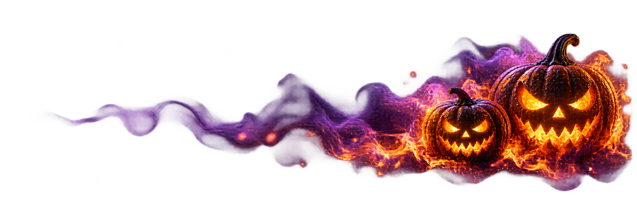 Halloween pumpkins with orange fire and purple smoke.