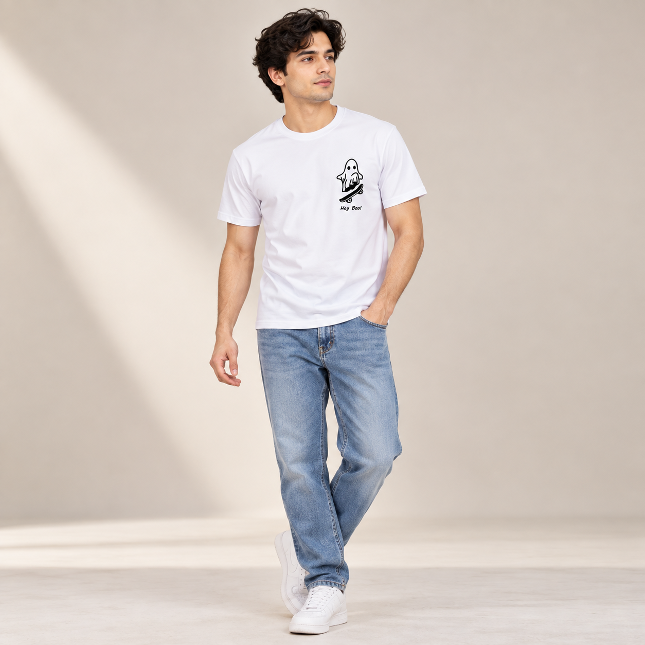 White Graphic Printed T-Shirt for Men with Ghost Skateboard Design – Hey Boo