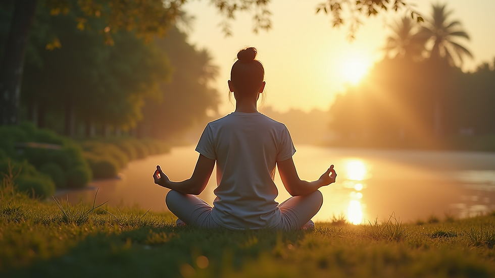 Close-up view of a person meditating in a serene outdoor setting