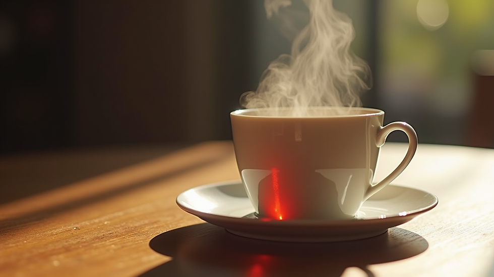 Close-up view of a steaming cup of tea on a wooden table
