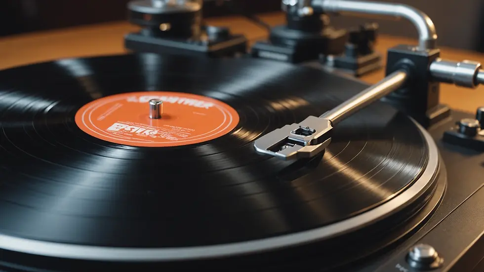 Close-up view of a vinyl record spinning on a turntable