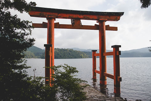 Lake Ashi and red torii gate in Hakone, Japan