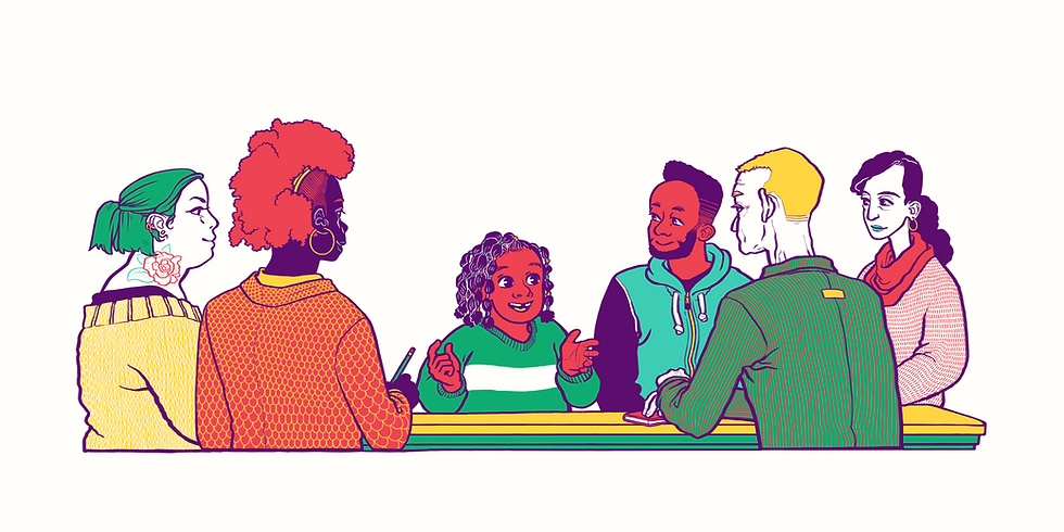 Dessin de Citron Mitermite pour illustrer la pédagogie. On voir 6 personnes autour d’une table. 5 adultes sont tournés vers unE enfant qui parle. Iels lui sourient et semblent écouter ce qu’elle a à dire. UnE adulte prend des notes pendant que les autres écoutent.