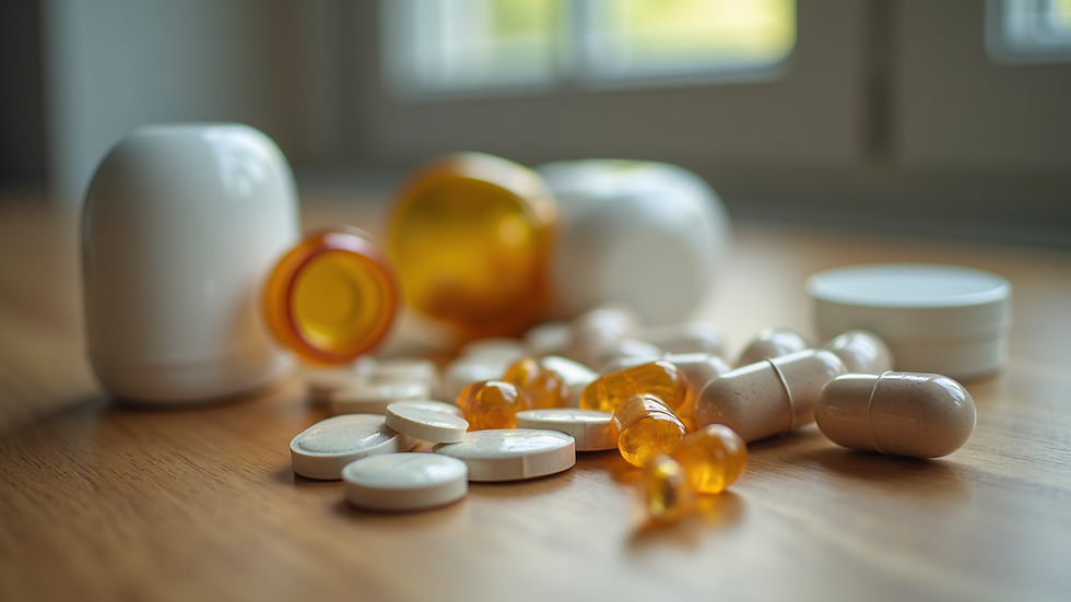 Close-up view of hormone therapy medications on a wooden table