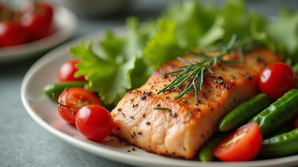 Close-up view of a healthy meal with vegetables and lean protein