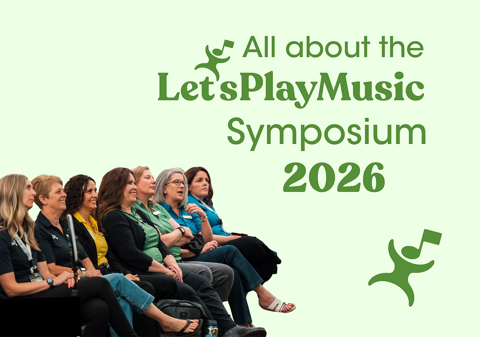 graphic with text reading 'All about the Let's Play Music Symposium 2026' featuring a row of music teachers listening attentively at a conference